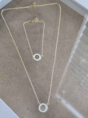 Tory Burch Gold and White Logo Pendant Necklace and Bracelet Set